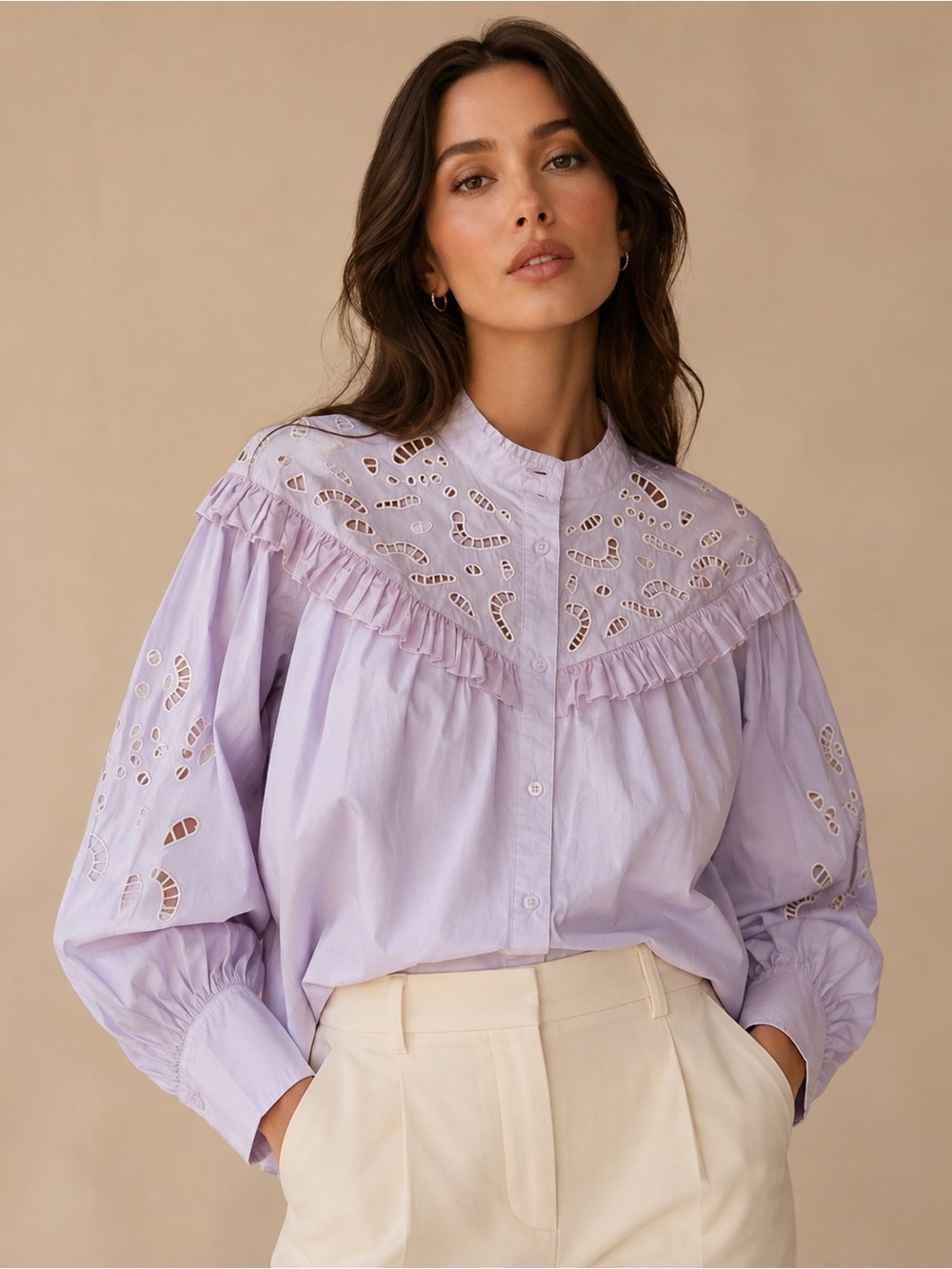 H&M Light Pink Blouse with Eyelet Sleeves Ruffle Shirt Long Sleeve Size Small